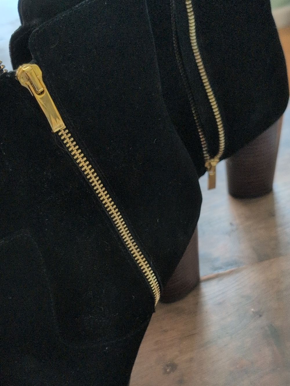 Aerosoles Black Suede Ankle Boots with Two Sided Gold Zipper, size 11